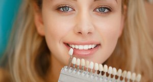 Woman's smile compared with tooth color chart